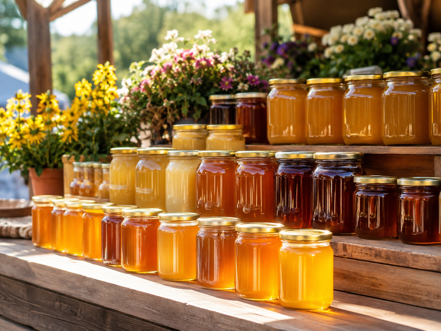 Банки с медом на ярмарочном прилавке